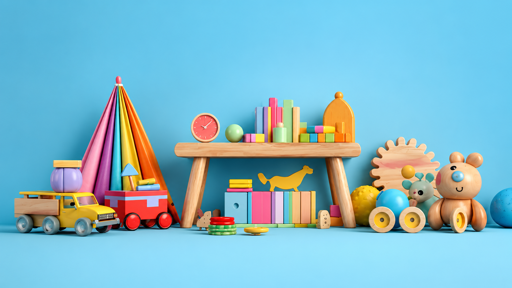 A colorful assortment of children's wooden toys arranged on a light blue background, including a toy truck, toy car, rainbow-striped tent, block tower, clock, toy phone, gear, and a teddy bear.